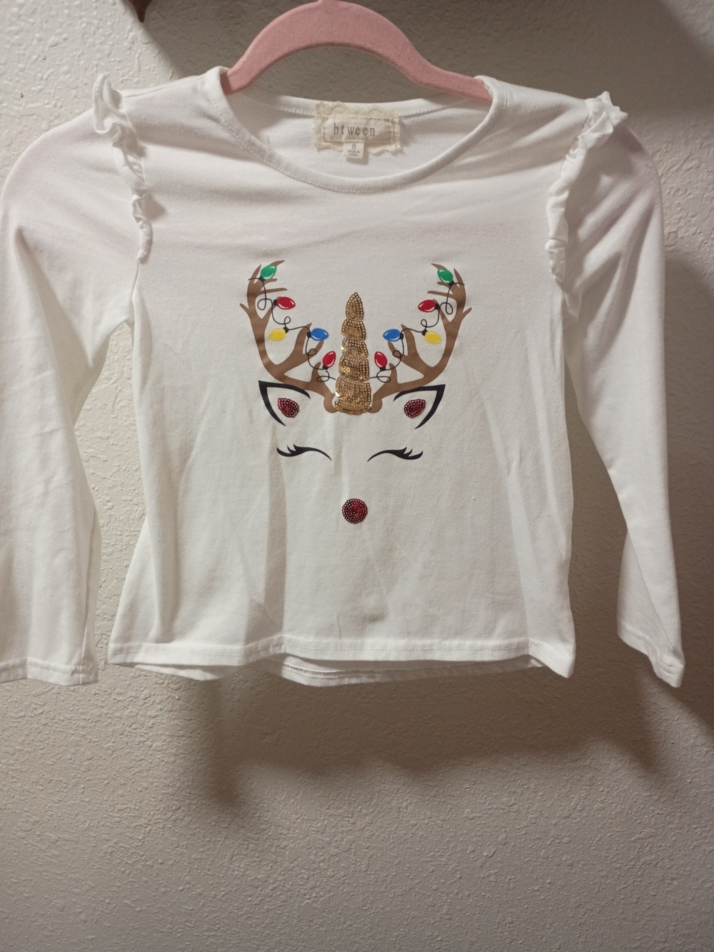 btween White Long Sleeve Reindeer Unicorn Tee with Multicolor Lights